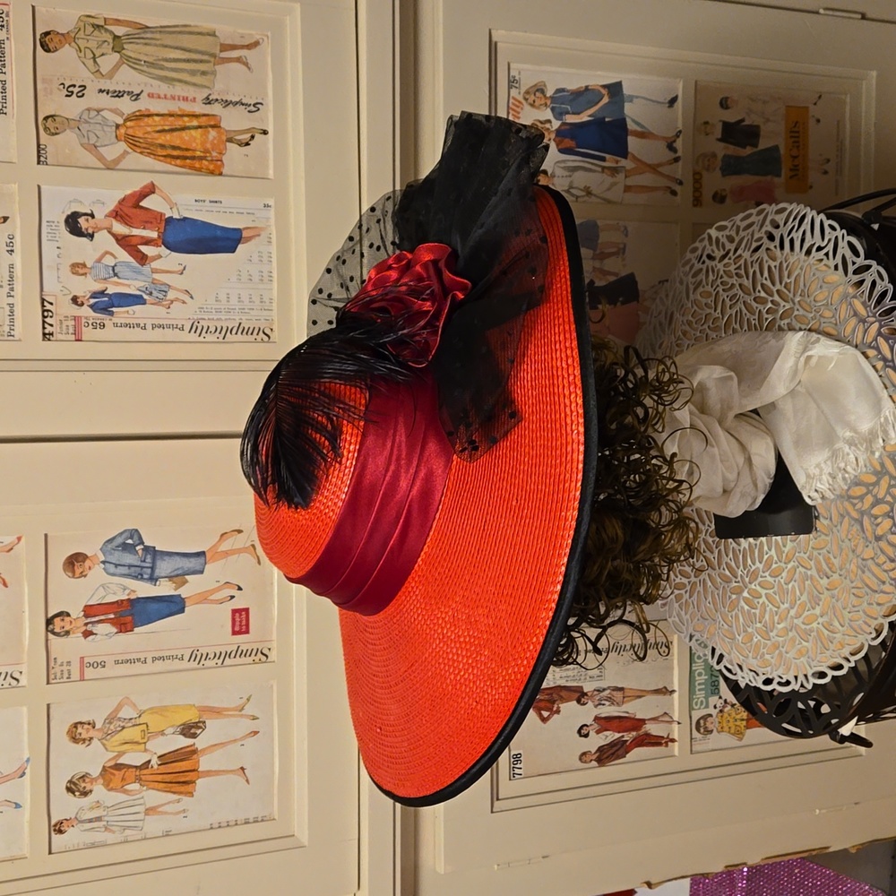 Fancy Decorated Red Straw Hat - image 1